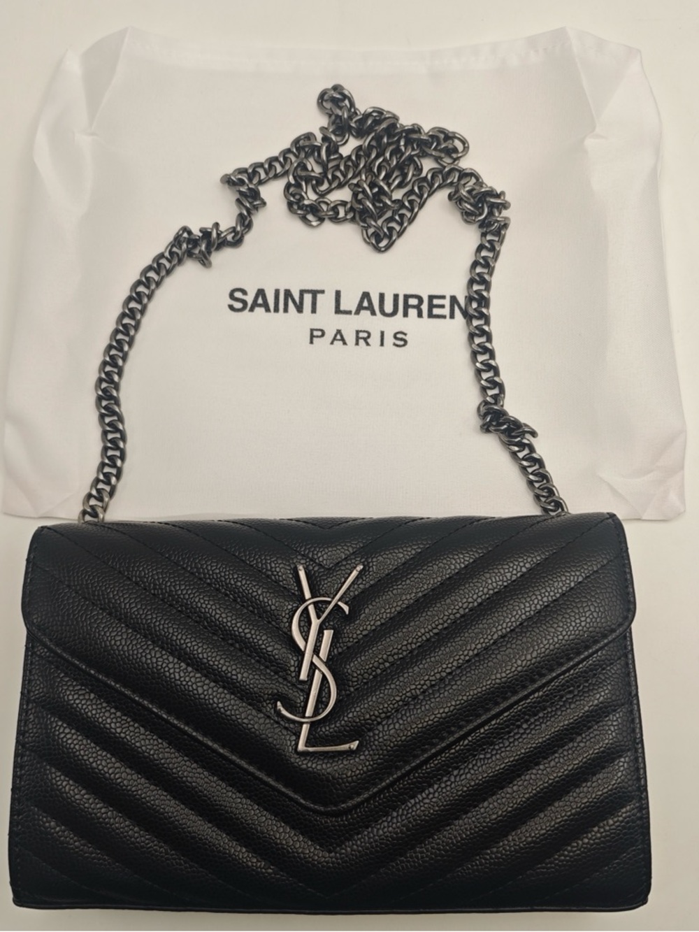 Saint Laurent Black Chevron Quilted Leather Crossbody with Silver YSL